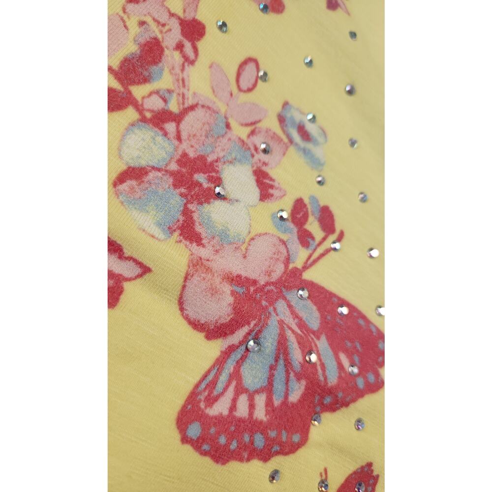 Quacker Factory All Flutter Yellow Butterfly Rhinestone V Neck T-Shirt Plus 3X - Picture 4 of 9